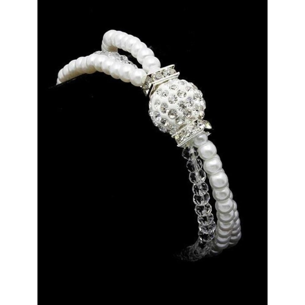 Elegant Faux Pearl Layered Clear Beaded Pave Bridal Prom Rhinestone Bracelet